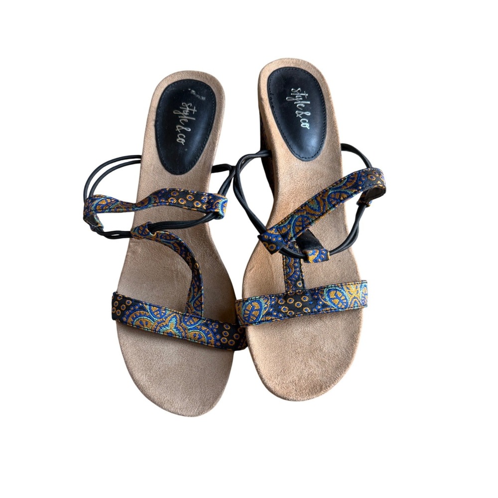 NWOT Style & Co Mulan Blue Gold Paisley Tapestry Wedge Sandals Womens 9.5M